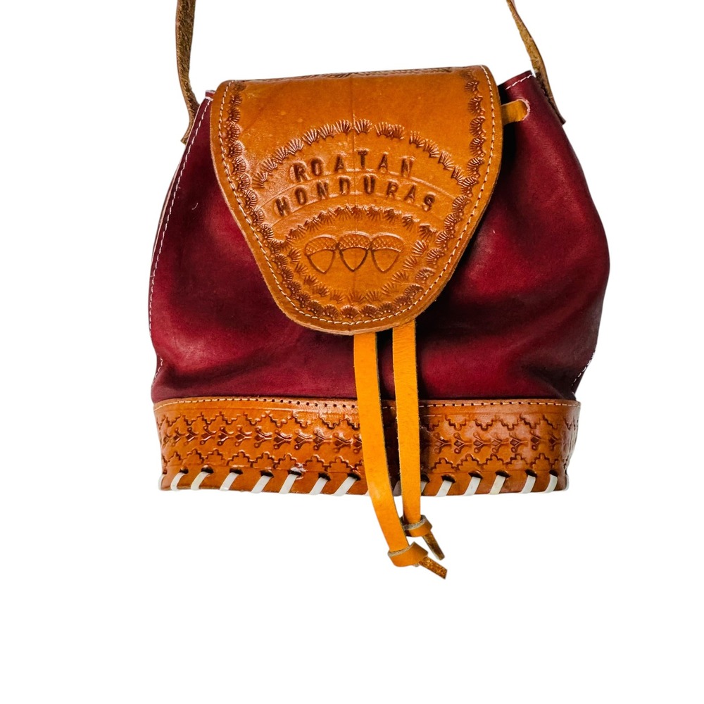 Roatan Honduras Hand Tooled Leather Bucket Crossbody Bag Burgundy Tan Souvenir
